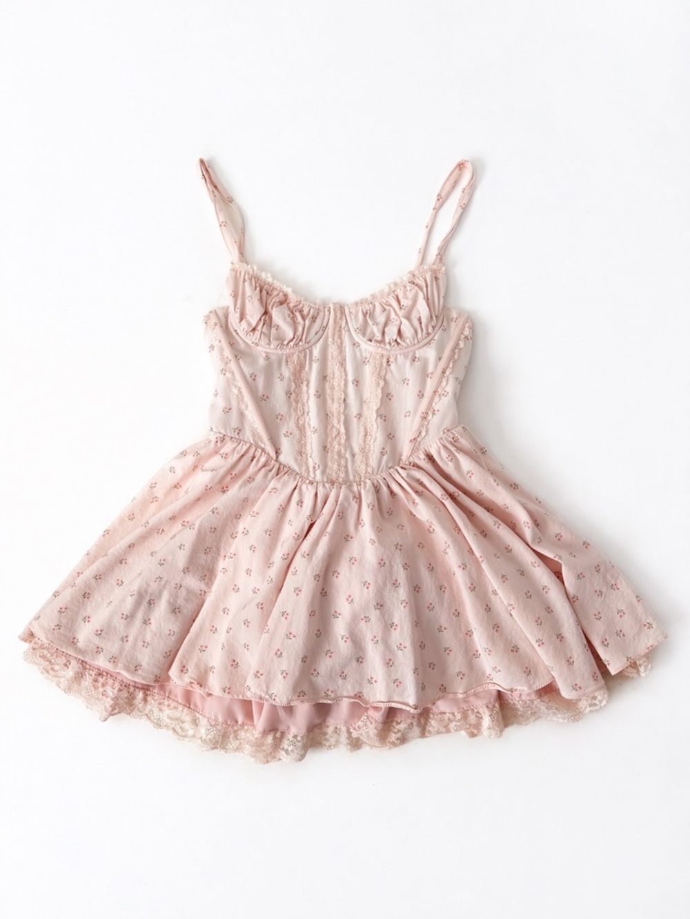 Coquette Cottagecore Floral Mini Dress Lace Bustier Pink Babydoll Bow Soft Girl